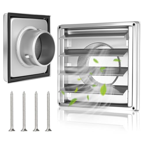 XTDMJ Rejilla de ventilación de acero inoxidable de 100 mm con válvula antirretorno, láminas móviles, rejilla de protección contra insectos, tubo VMC y cubierta extractora exterior con junta de goma y