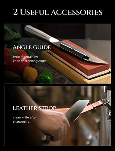 Ainope Knife Sharpening System, Professional Whetstone 4 Side Grit 400/1000 3000/8000, Premium Wet Stone Sharpening Kit With Leather Strop, Non-Slip Bamboo Base, Angle Guide & Flattening Stone #TOP6