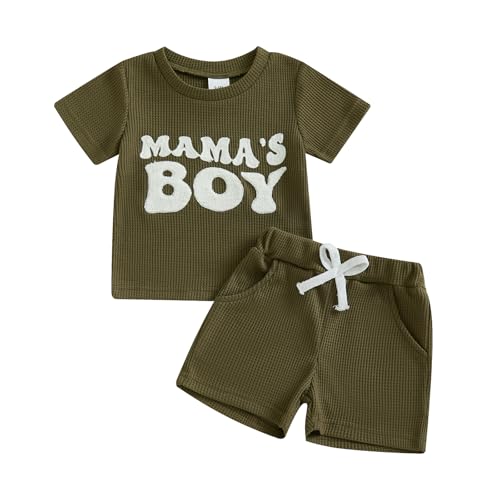 Image of allshope Baby Boy Summer Outfit Set Letter Embroidery Short Sleeve T Shirt Solid Shorts Waffle Knit Clothes 6 12 18 24 Months