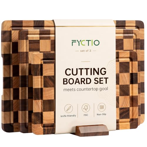 FYCTIO Checkered Cutting Board Set, Walnut Wood Cutting Boards for Kitchen
