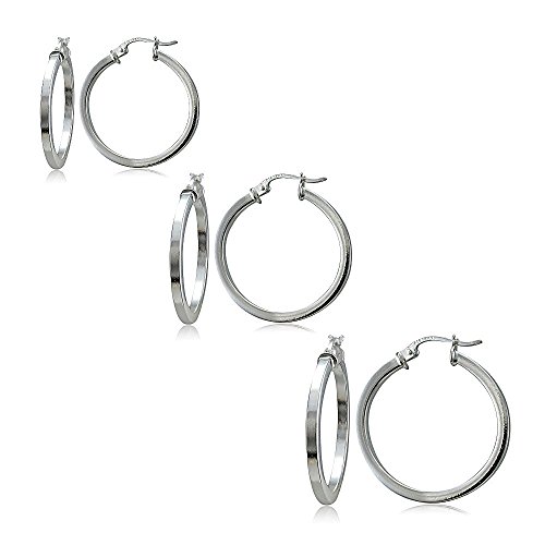 Hoops & Loops Set of 3 Sterling Silver 2mm Polished Square Hoop Earrings, 25mm, 30mm, 35mm