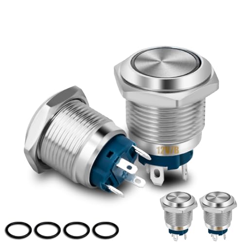 Innfeeltech 4 Pcs Interruptor de Botón Impermeable 12V SPST ON/OFF Interruptor para 16mm Agujero de Montaje 4 Pin Interruptor de Enclavamiento de Metal con Anillo de Luz LED Azul