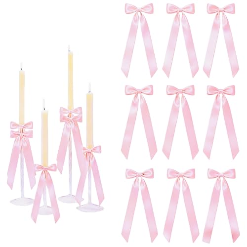 Meseey 12 Pcs 13.5 Inch Giant Satin Ribbon Bows Bulk Self-Adhesive Pre-Made Bows for Christmas Wedding Baby Shower Party Decor Table Centerpieces Candle Holders Gift Wrapping(Pink) by Meseey - Used condition - US$10.97