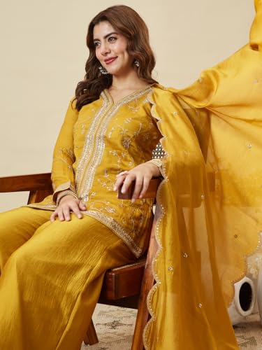 Image of MOKOSH Women's Silk Embroidery Kurta Sharara with Dupatta | Kurta Set | V Neck Full Sleeve Ethnic Suit | Indian Kurta Outfit with Sharara |3 Piece Outfit