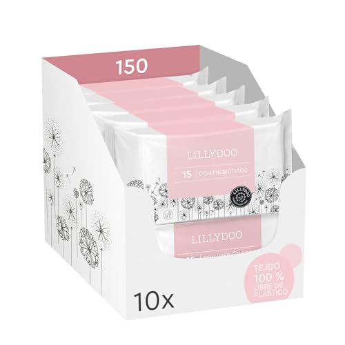 Toallitas con Prebióticos Lillydoo – 150 Unidades, Protección Natural para la Piel, Tejido 100% Sin Plástico, Suaves y Sin Perfumes, Dermatológicamente Aprobadas