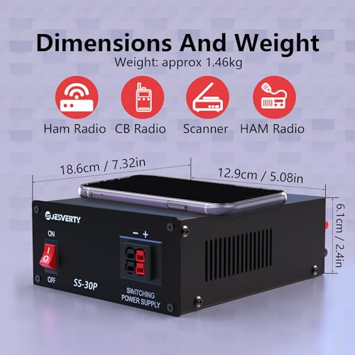 JESVERTY SS-30P 13.8V 30A DC Regulated Universal Compact Bench Power Supply, AC-DC Power Converter, 20W USB & Type-C Quick-Charge, Anderson Connectors & 1/4 inch Bingding Posts for HAM&Amateur Radio