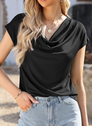 EVALESS Shirts for Women Fashion 2025 Cowl Neck Tops for Women Dressy Casual Short Sleeve Clothes Summer Outfits2