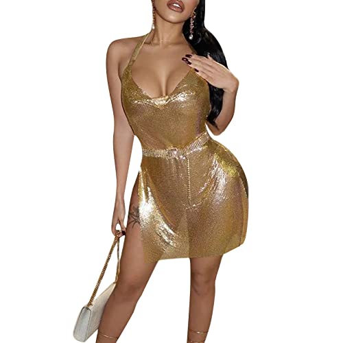 FeMereina Damen Sexy Neckholder Rückenfrei Durchsichtige Pailletten Club Bodycon Minikleid Ärmellos Glitzer Cover Up Seitenschlitz Minikleid, gold,...