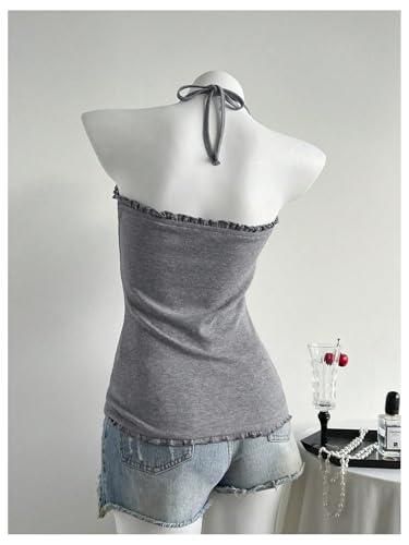 Milumia Women's Ruched Frill Trim Backless Halter Top Sleeveless Slim Fit Summer Camis3