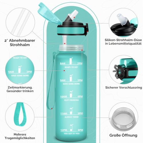 KollyKolla Trinkflasche 1L, Sport Wasserflasche, Trinkflasche mit Strohhalm & Zeitmarkierung, Auslaufsicher, Ideal für Gym, Yoga, Camping… – Ansicht 2