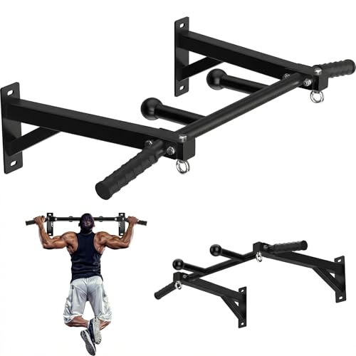 HWOOUSA Upgrade Wall Mount Pull Up Bar Heavy Duty Steel PullUp Bar Fits 24 Wood Studs Multi Grip Pull Up Bar with Ball Finger & Round Rings for Home Gym Garage Basement Strength Training Chin Up Bar