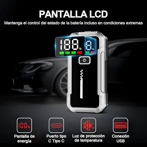 YDBAO Arrancador de Coches 7000A 12V Arrancador de Batería para Todo Gasolina o 10L de Diésel Jump Starter Protección Inteligente Pantalla LCD Carga Rápida USB y Linterna LED Clips de Seguridad - imagen 4