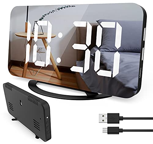 Digital Alarm Clock, 7" Large LED Mirror Electronic Clocksï¼ŒBedside Clock with Touch Snooze, Dual USB Charge, Auto Adjustable Brightness, Desk Wall Modern Clocks for Bedrooms Living Room Office(Black)