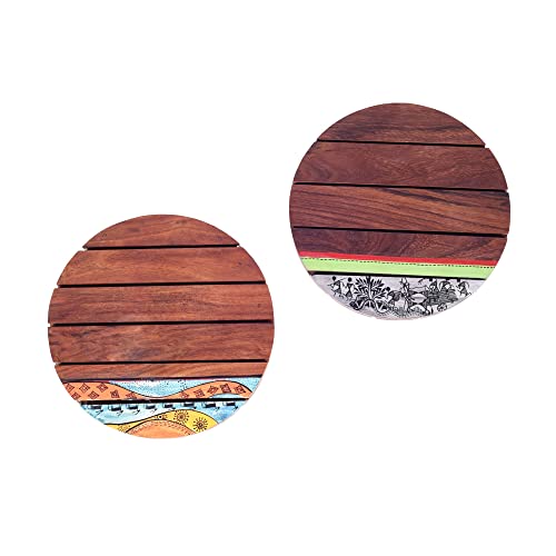 Image of AAKRITI ART CREATIONS Woodland Retreat Round Trivets | Floral Art | Brown Rosewood Trivets Set of 2 | Matte Finish Heat Resistant Coasters | Dining Table & Kitchen