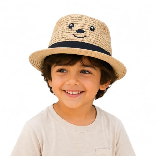 VRITRAZ Kids Summer Fashion Straw Bucket Cap, Suitable For 2-6 Year Hat (Beige, Unisex)