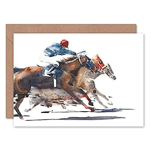 Wee Blue Coo Tarjeta de felicitación con sobre, diseño de caballos de carreras con jockey