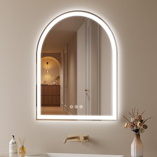 OUMUSU Arched LED Mirror for Bathroom 24"x30"- Frameless Lighted Bathroom Mirror with Lights, Fogless, Dimmable, 3 Color Changing, Shatterproof, Touch Sensor