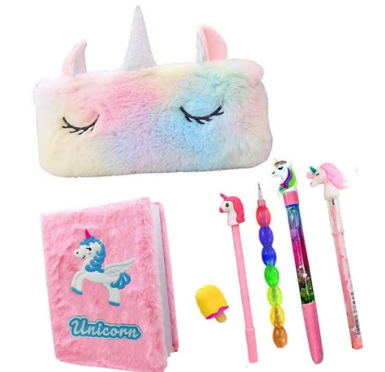 JUST NIDZ 7Pcs Unicorn Combo Unicorn Mini Fur Diary For Girls, Unicorn A6 Size Furry Notebook For Girl With Fur Pencil Box/Case, Unicorn Pen, Unicorn Bullet Pencil, Eraser Best Return Gift Set