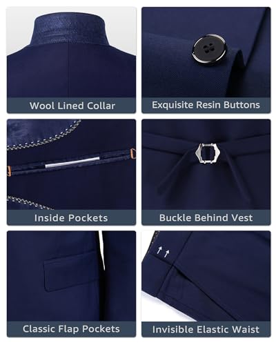 YND Men\'s Slim Fit 3 Piece Suit, One Button Jacket Vest Pants Set with Tie, Solid Party Wedding Dress Blazer, Tux Waistcoat and Trousers Deep Blue