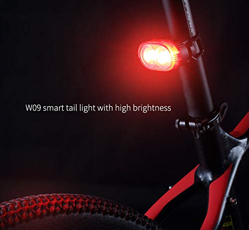 Close-up of the W09 smart tail light mounted on a bicycle seat post, highlighting its brightness