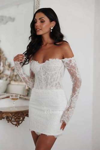 zcbang Short Wedding Dress Plus Size Long Sleeve Beach White Tight Mermaid Second Look Lace Bridal Gowns for Bride