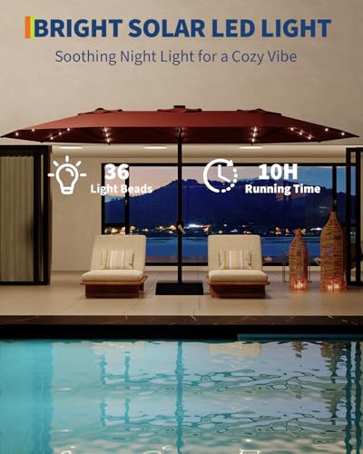 15FT Large Patio Umbrella with Base and Solar Lights, Double-Sided Rectangle Umbrella Oversized Shade for 8-10 People,36 LED Lights and Weighted Base for Pool, Deck, Backyard