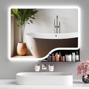 32″x 24″ LED Bathroom Mirror with Shelf, 3 Colors Backlit Vanity Mirror with Lights, Wall-Mounted Bathroom Mirror with Lights, Smart Mirror with Anti-Fog, Stepless Dimmable, Memory (UL, ETL)