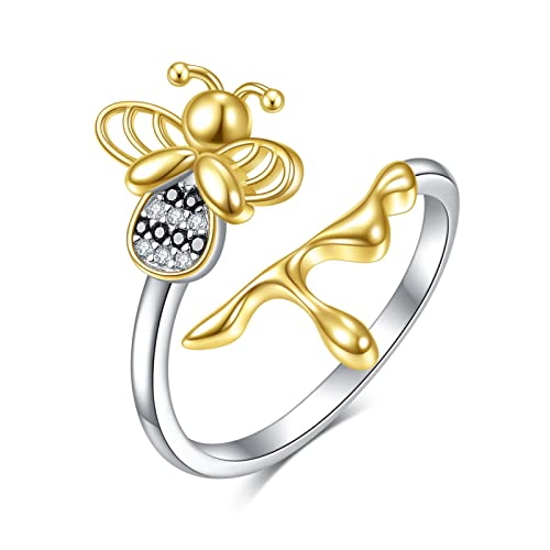 WINNICACA Bee Rings S925 Sterling Silver Bee Jewelry Cute Honey Rings Bee Gifts for Bee Lovers Adjustable Open Finger Rings Birthday Gifts for Women Girls