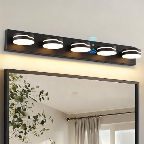 Modern LED Bathroom Lights Fixtures(5-Light),Metal Black Acrylic Wall Lighting,Vanity Lights for Bathroom Over Mirror(3000k/4000k/6000k 25.6in)