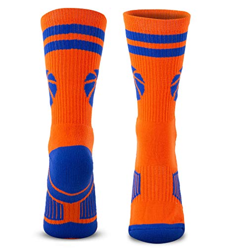 ChalkTalkSPORTS Basketball Woven Mid-Calf Socks | Classic Stripe & Ball | Orange & Blue2