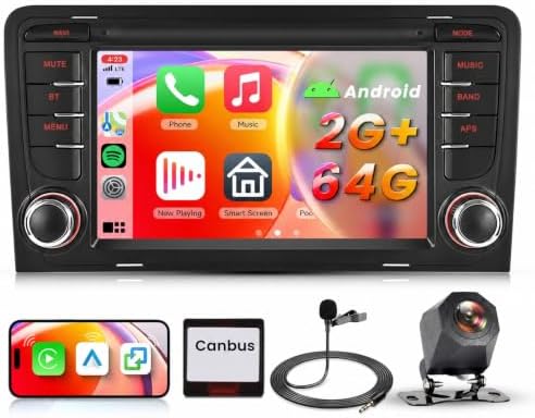 Android 15 Car Stereo for Audi A3 8P 8P1 S3 RS3 Sportback 2003-2012, 7 Inch Touchscreen Car Radio Head Unit with Reversing Camera, Wireless CarPlay Android Auto, GPS, WiFi Bluetooth FM/RDS, 2GB+64GB