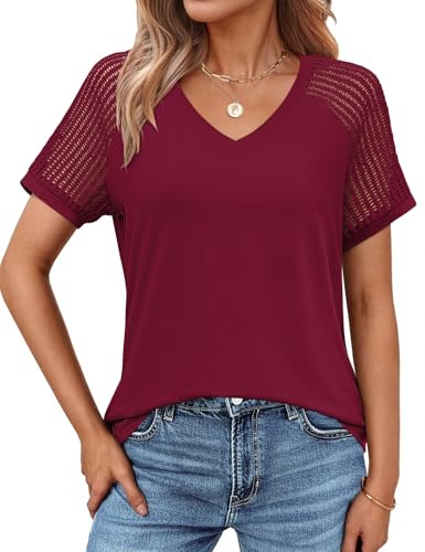 JUSTFASHIONNOW Short Sleeve Blouses for Women Dressy Casual Summer Tops Business Work V Neck Shirts Spring Clothing（Wine Red,Small — view 2