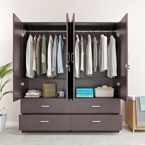 Image of VIKI Wardrobe |Wooden Almirah for 4 Door 4 Drawer with Shelves & Hanging Space Wardrobe (Dark Wenge - 40D x 160W x 180.8H) | 1 Year Warranty | Free Assembly