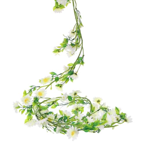 QUARKZMAN 2pcs Guirlande Fleurs Artificielles Marguerites Vigne Soie Fleurs Sauvages Guirlande Fausses Fleurs Suspendues Feuilles Vertes pour Mur Fête Arche Mariage Décoration Florale, Blanc