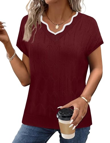 Image of WIHOLL Womens Summer Tops Cap Sleeve Sweater V Neck Shirts Beach Vacation Clothes Business Casual Fashion Clothing