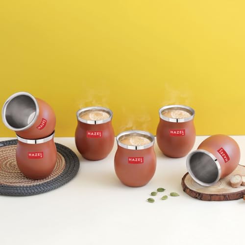 Image of HAZEL Double Wall Stainless Steel Kullad Set of 6 | Matt Brown Finish Tea & Coffee Cups | 150 ML