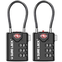 SURE LOCK TSA Approved Luggage Locks with Open Alert Indicator, 3 Digit Combination Cable Travel Lock for Suitcase, Backpack, Gym Locker, Toolbox & Travel Bag, 2 Pack Black