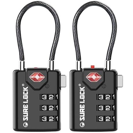 SURE LOCK TSA Approved Luggage Locks with Open Alert Indicator, 3 Digit Combination Cable Travel Lock for Suitcase, Backpack, Gym Locker, Toolbox & Travel Bag, 2 Pack Black
