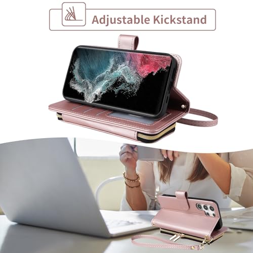 Furiet Argyle Wallet Case for Samsung Galaxy S25 Ultra 5G with Wrist Strap Shoulder Strap, Card Slots Zipper Purse Stand Checkered Phone Cover for S25Ultra 25S S 25 25Ultra Women Girls Rose Gold by Furiet - Used condition - Image 2