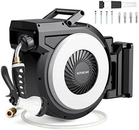 Heavy Duty Retractable Garden Hose Reel by BSTOKCAM, 100 ft Wall Mount Water Hose Reels Outdoor Organizer- Self winding Hose Reel Automatic Recoil Storage, Include Sprayer & Nozzle