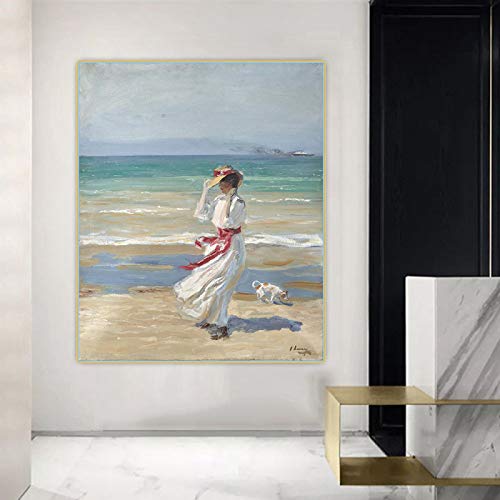 Joaquin Sorolla《Lady with a dog》Arte de la lona Pintura al óleo Obra de arte Póster Imprimir Imagen Telón de fondo Decoración de la pared Decoración del hogar 40x60cm Sin marco