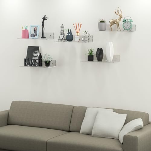 Image of 15 Inches Clear Acrylic Shelves, Wall Mounted Shelves for Bedroom, Wall Display Shelves for Collectibles, Funko Pop, Speaker, Plants, Space Saver, Wide Application, 4 Pack