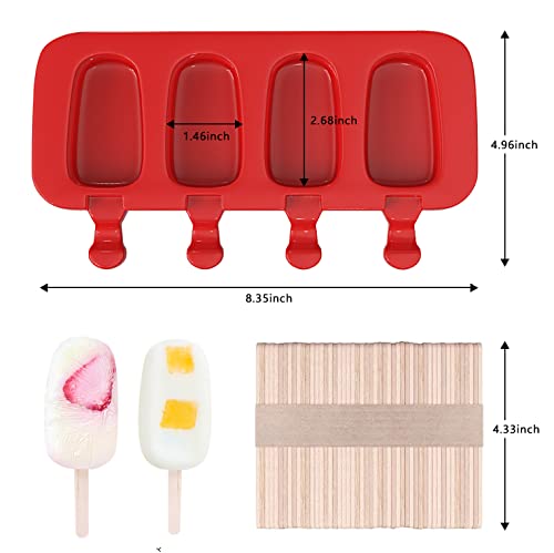 Popsicle Molds, Set Of 2 Cake Pop Mold 4 Cavities Ice Pop Cakesicle Molds Silicone Ice Cream Mold Oval With 50 Wooden Sticks For Diy Ice Cream - Red #TOP4