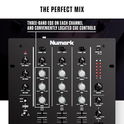 Image of Numark M4 |3-Channel Rack Mountable Scratch DJ Mixer, Combo Jack Connection, with 3-Band EQ, Club-Ready Inputs, Mic Input and Reverse /Slope Controls, Black