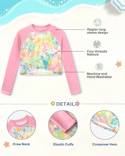 Image of BesserBay Girls Rash Guard UPF 50+ Long Sleeve Mock Neck Crossover Hem Swim Crop Top 4-14 Years