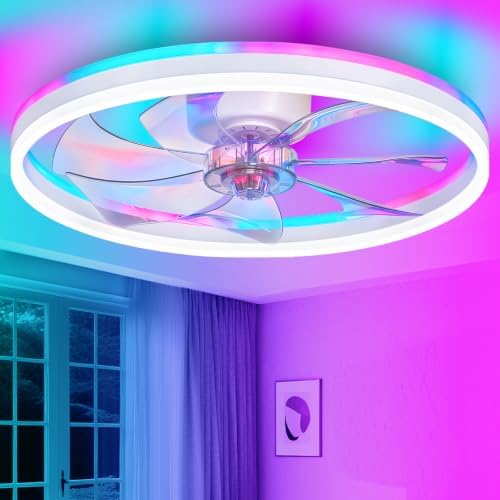 VOLISUN RGB Ceiling Fans with Lights and Remote, 27.6in Low Profile Ceiling Fans with Lights Flush Mount, 3000K-6500K Dimmable Fandelier LED Fan Light, Black Bladeless Ceiling Fans for Bedroom — 사진 7