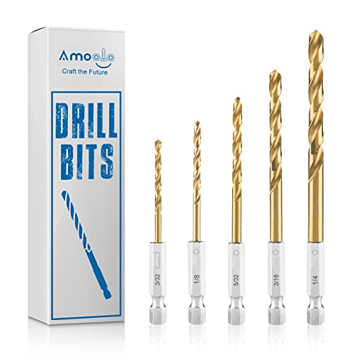 amoolo Hex Shank Drill Bit Set, 5pcs Titanium HSS Twist Impact Drill Bit Set for Metal, Steel, Wood, Plastic, Quick Change Design (3/32' - 1/4')