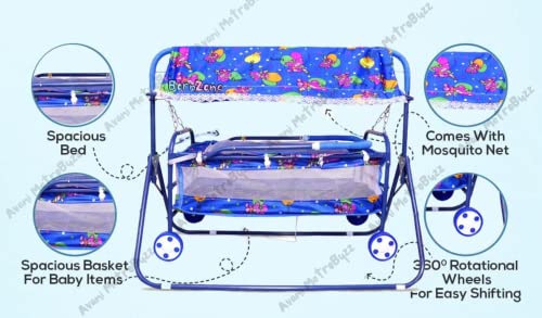 Image of AVANI METROBUZZ Beautiful Printed Lightweight Baby Swing Cradle Cot and Stroller /Jhula with Mosquito Net AM21 (Color - Blue)