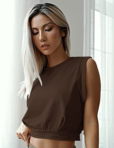 Workout Crop Tops For Women Cute Loose Fit Tank Tops Casual Summer Yoga Athletic Sports Tanks Cinched Waist Cropped Tops Sleeveless Gym Cotton T Shirts For Women Dark Coffee #TOP21