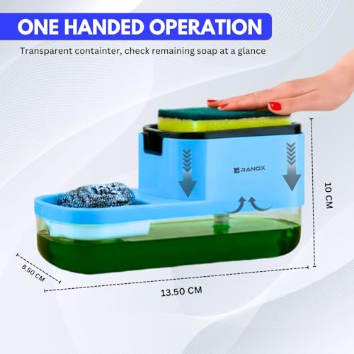 Image of Ranox Soap Dispenser for Kitchen Sink Accessories, Dish Wash Liquid Dispenser Pump 400ml with Sponge Holder, Bathroom Soap Dispensers, Kitchen Sink Organizer (Blue (Dual Dishwasher))
